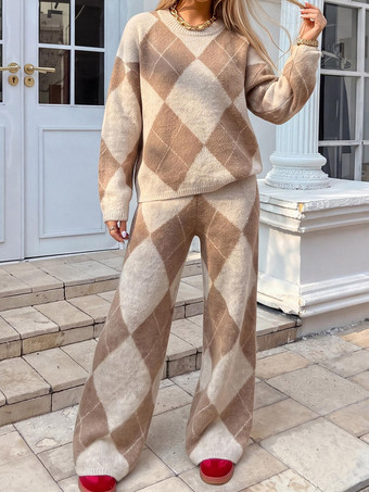 カーキ レディースニットセット クラシックアーガイルプルオーバートップ ハイウエストワイドレッグパンツ ツーピース