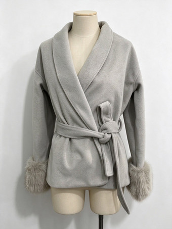 Silver Coat Women Long Sleeve Faux Fur Cuff Belted Loose Fit Woolen Overcoat Winter