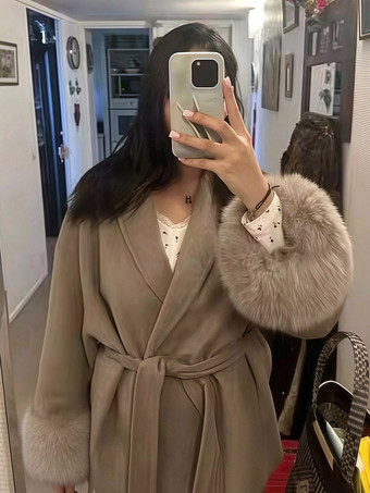 khaki Coat Women Long Sleeve Faux Fur Cuff Belted Loose Fit Woolen Overcoat Winter
