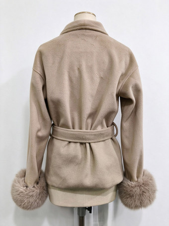 Coat Women Long Sleeve Faux Fur Cuff Belted Loose Fit Woolen Overcoat Winter