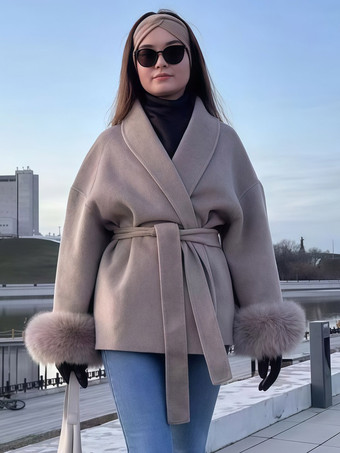 Apricot Coat Women Long Sleeve Faux Fur Cuff Belted Loose Fit Woolen Overcoat Winter