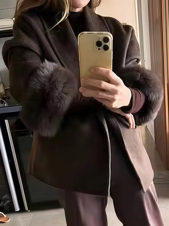Deep BrownCoat Women Long Sleeve Faux Fur Cuff Belted Loose Fit Woolen Overcoat Winter