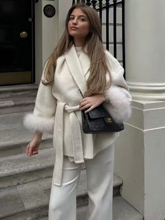 White Coat Women Long Sleeve Faux Fur Cuff Belted Loose Fit Woolen Overcoat Winter