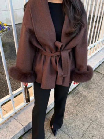 Brick RedCoat Women Long Sleeve Faux Fur Cuff Belted Loose Fit Woolen Overcoat Winter