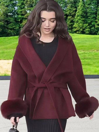 BurgundyCoat Women Long Sleeve Faux Fur Cuff Belted Loose Fit Woolen Overcoat Winter