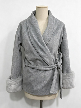 GrayCoat Women Long Sleeve Faux Fur Cuff Belted Loose Fit Woolen Overcoat Winter