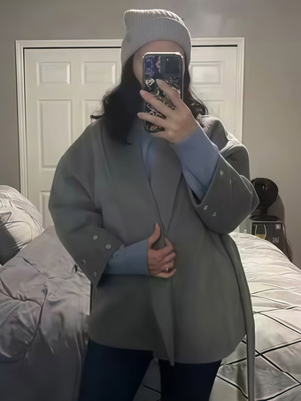Coat Women Long Sleeve Faux Fur Cuff Belted Loose Fit Woolen Overcoat Winter