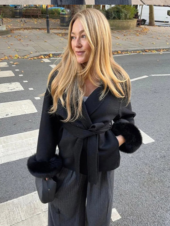 Black Coat Women Long Sleeve Faux Fur Cuff Belted Loose Fit Woolen Overcoat Winter