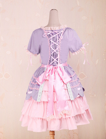 Sweet Lolita rose pourpre OP robe manches courtes couches arcs et garniture Déguisements Halloween