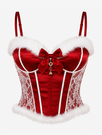 セクシーなクリスマスコルセットランジェリーセット - 赤いサテンビスチェ、フェイクファートリム、ベルガーター