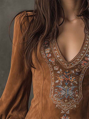 ボヘミアン風Vネック刺繍入りベルベットミニドレス、ロングパフスリーブボディコンパーティドレス（女性用）