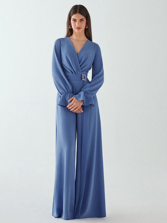 Robe de mariée pour mère de la mariée col en V manches longues combinaison avec nœuds longueur au sol robes d'invitées de mariage