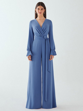 BleuRobe de mariée pour mère de la mariée col en V manches longues combinaison avec nœuds longueur au sol robes d'invitées de mariage