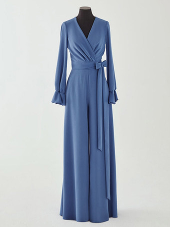 Robe de mariée pour mère de la mariée col en V manches longues combinaison avec nœuds longueur au sol robes d'invitées de mariage