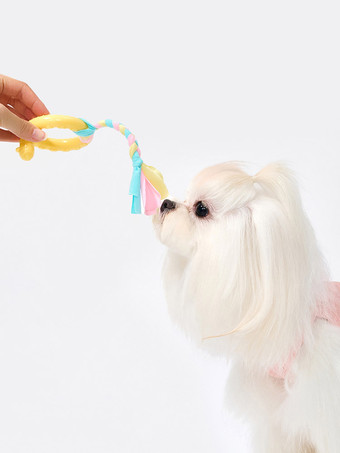 イエローマカロン型TPRロープ結び犬用噛むおもちゃ、小型犬・中型犬用インタラクティブな綱引き歯固めおもちゃ