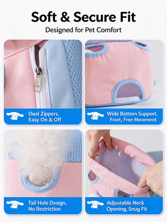 シナモロール デュアルウェア ペット用フロントバックパック、通気性のある春夏用小型犬猫用ハンズフリーキャリー