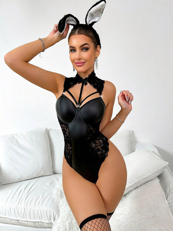 ブラック レディース バニーガール セクシーコスチューム ランジェリー かわいい PUレザー ハロウィン PUレザー ヘッドウェア セクシーバニーコスチューム
