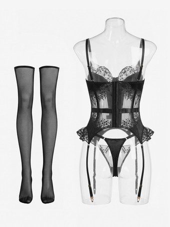 コルセット ブラック セクシー インドア レース ランジェリー 3点セット パンツ ストッキング付き