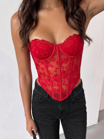 コルセットトップス 赤 セクシー ノースリーブ ストラップレス バックレス レース