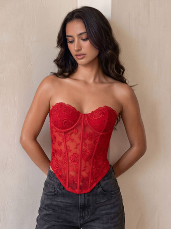 レッド コルセットトップス 赤 セクシー ノースリーブ ストラップレス バックレス レース