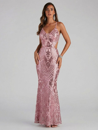 ピンクパーティードレス マキシドレス ゴールド Vネック カットアウト ノースリーブ バックレス セクシー セミフォーマルドレス