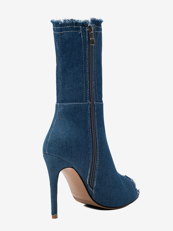 ブルーのアンクルブーツ、デニム素材、オープントゥ、ハイヒールブーティ（レディース）