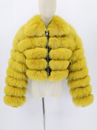 GialloCappotto corto invernale da donna in pelliccia sintetica di peluche con colletto risvoltato collezione 2026.