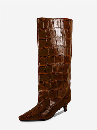 キトゥンヒールブーツ レディース ポインテッドトゥ ストーン柄 ミッドカーフブーツ