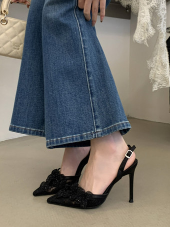 黒のハイヒールパンプス、ラインストーン付き、ポインテッドトゥ、スティレットヒール、パーティシューズ
