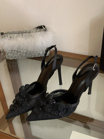 ブラック 黒のハイヒールパンプス、ラインストーン付き、ポインテッドトゥ、スティレットヒール、パーティシューズ