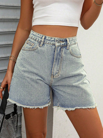 スチールブルーハイウエスト、裾ほつれ加工のデニムショートパンツ、レディースカジュアル、切りっぱなしジーンズショートパンツ