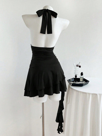 ロリータ風Vネックリベットミニドレス レディース ギャザー入りアシンメトリーフリルパーティードレス