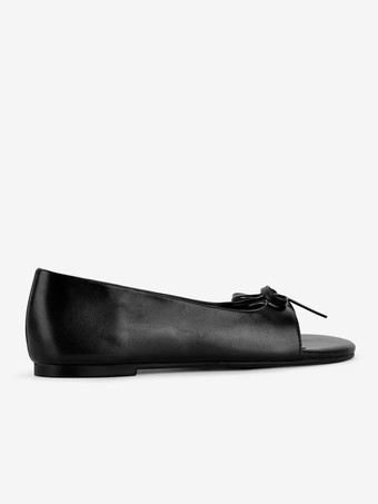 黒のバレエシューズ、オープントゥ、リボン付き、スリッポン、フラットパンプス
