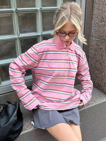 ピンクレディース ストライプ ポロシャツ 長袖 襟付き ハーフジップ ゆったりカジュアル プルオーバー トップス