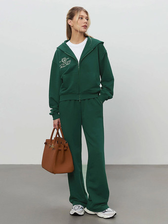 レディースパーカートラックスーツセット ジップアップ長袖スウェットシャツ ワイドレッグパンツセット