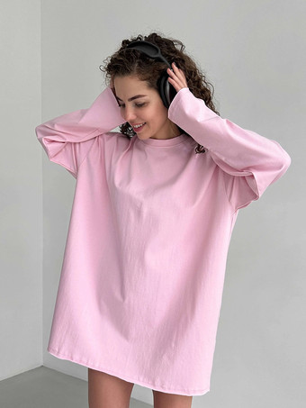 ピンクレディース オーバーサイズ 長袖 Tシャツ クルーネック ゆったりカジュアル ベーシックTシャツ