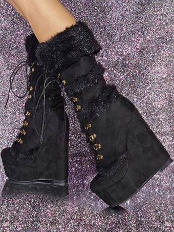 レディース ミッドカーフブーツ マイクロスエード アッパー ラウンドトゥ ウェッジヒール ブーツ