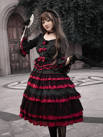 Lolitashow Vestidos exclusivos de Lolita gótica Vestido de media manga con flores de encaje en jacquard negro para fiesta de té
