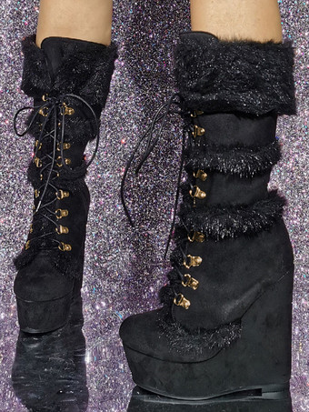 レディース ミッドカーフブーツ マイクロスエード アッパー ラウンドトゥ ウェッジヒール ブーツ