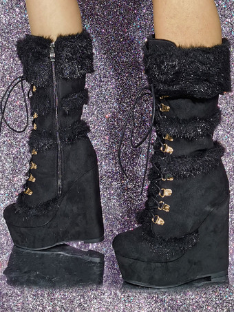 レディース ミッドカーフブーツ マイクロスエード アッパー ラウンドトゥ ウェッジヒール ブーツ