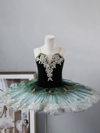 ダークグリーン女の子用バレエチュチュドレス ふわふわチュール プリンセスダンススカート 白鳥の湖コスチューム リサイタルパフォーマンスやバレエクラス用