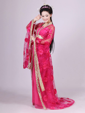 ローズレッド中国の伝統的な衣装の女性のチュールHanfuドレス古代唐時代の服3ピース