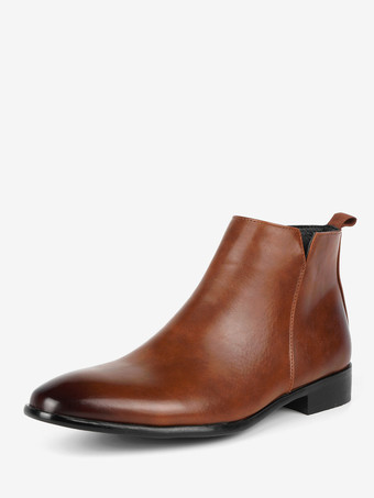 ディープブラウンメンズ チェルシーブーツ ラウンドトゥ スリッポン フラット アンクルブーツ