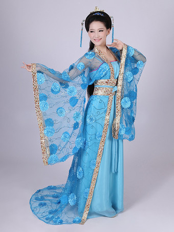 ライトスカイブルー中国の伝統的な衣装の女性のチュールHanfuドレス古代唐時代の服3ピース