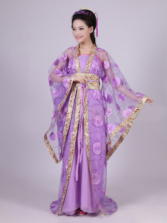 パープル 中国の伝統的な衣装の女性のチュールHanfuドレス古代唐時代の服3ピース