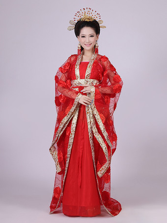 レッド 中国の伝統的な衣装の女性のチュールHanfuドレス古代唐時代の服3ピース