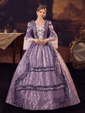 パープル シャンパン ビクトリア朝 ロココ ポリエステル ドレス マリー アントワネット 長袖ドレス