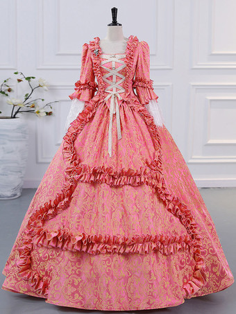 ローズレッドシャンパン ビクトリア朝 ロココ ポリエステル ドレス マリー アントワネット 長袖ドレス