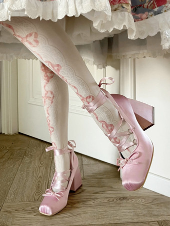 Zapatos de ballet estilo rococó de lolita con lazos cordones satén de seda y tacón grueso.