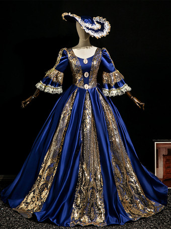 ダークネイビービクトリア朝のロココ調の衣装ドレス 赤いマリーアントワネットの衣装 舞踏会のガウン バーガンディ